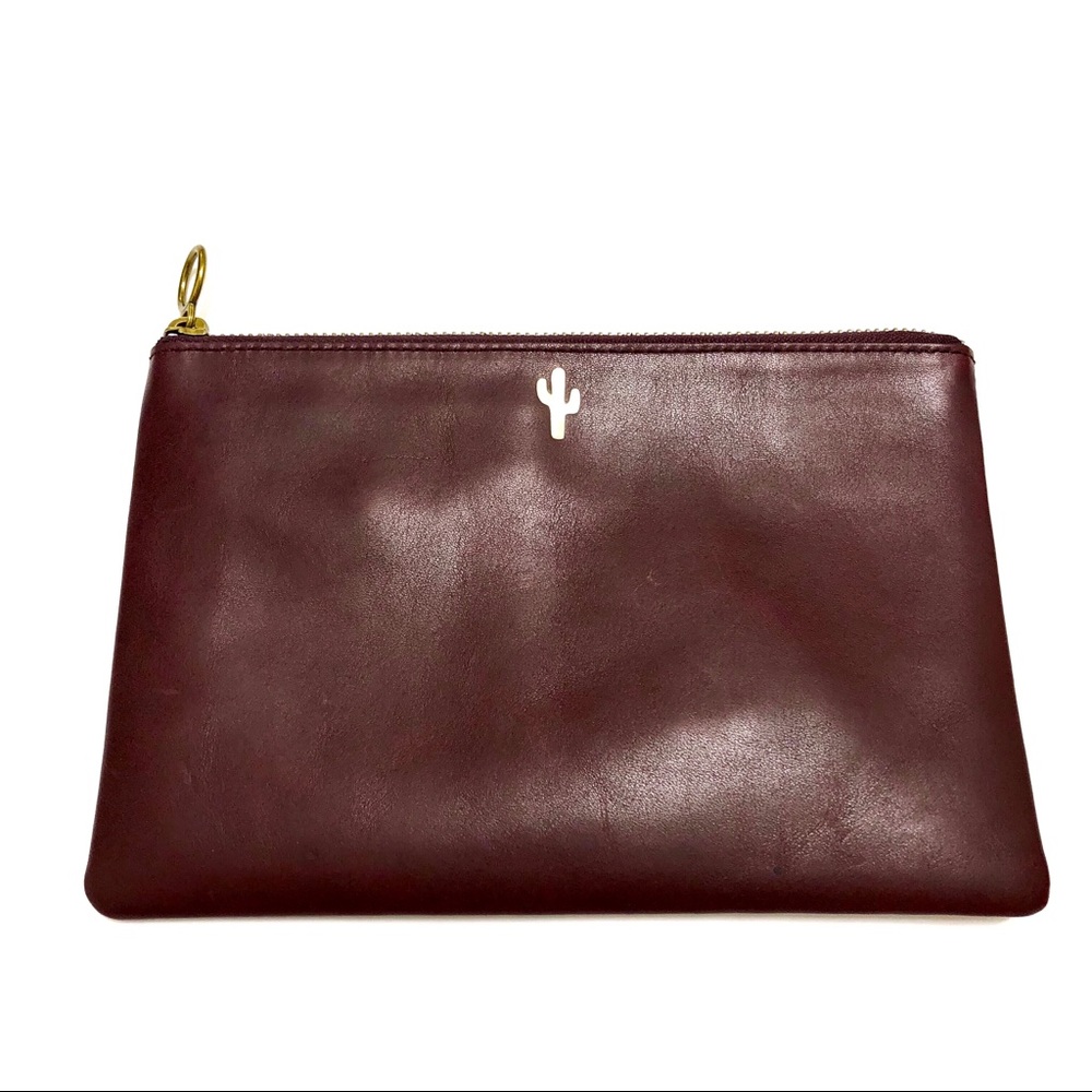 Madewell Burgundy Leather Zip Pouch Clutch with Gold Cactus Accent - Picture 2 of 4